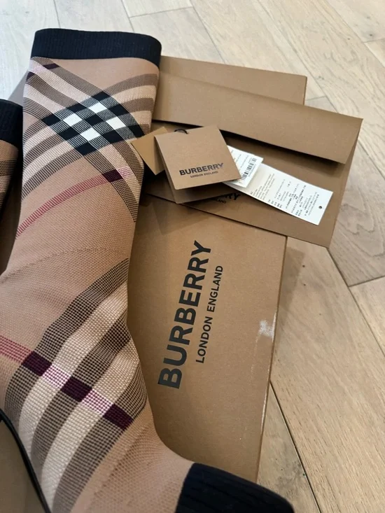 Burberry Tan and Black Check Stretch Sock Booties - Picture 4 of 10